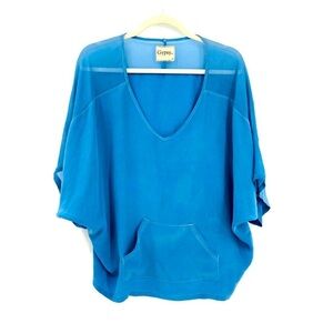 100% Silk Blue Fade Batwing Kangaroo Blouse Top